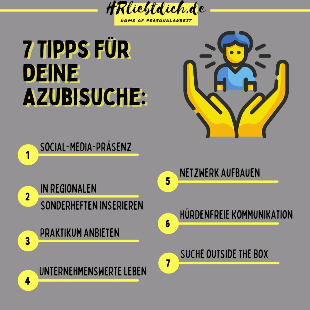 Azubi 7 Tipps in Aufzählungsform, dunkler Hintergrund, gelbe Schrift, kleines Symbol mit Händen, die Mensch halten