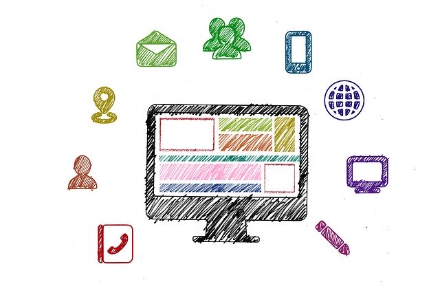 Recherche Social Media Stiftzeichnung Icons und Bildschirm mittig